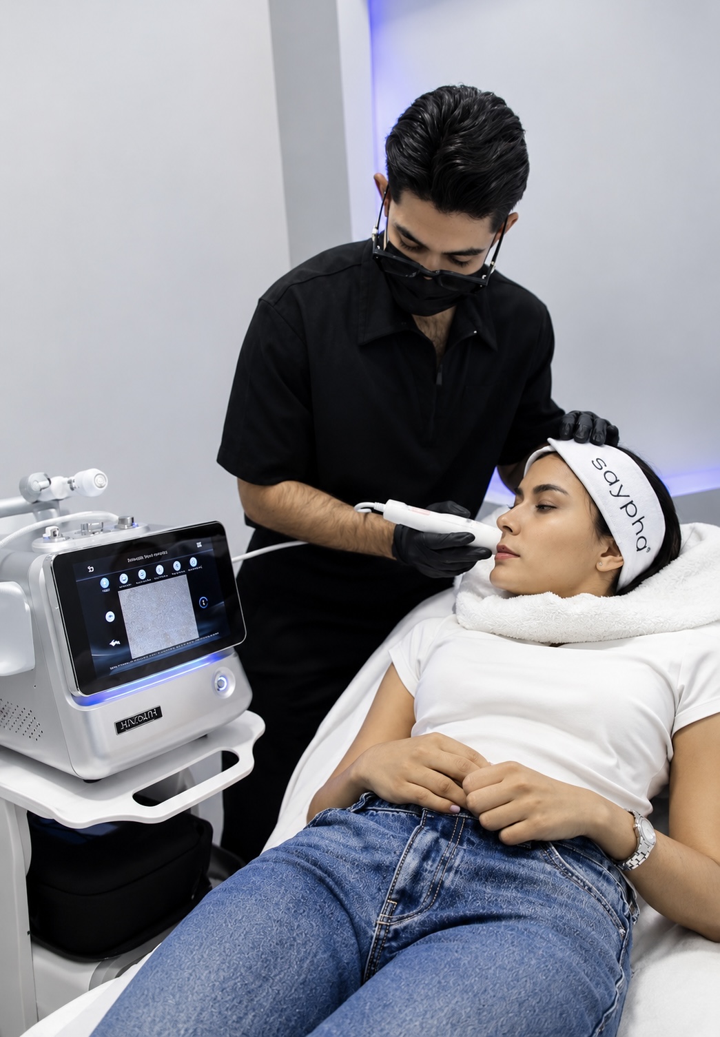 Profesional realizando un tratamiento facial con equipamiento clínico