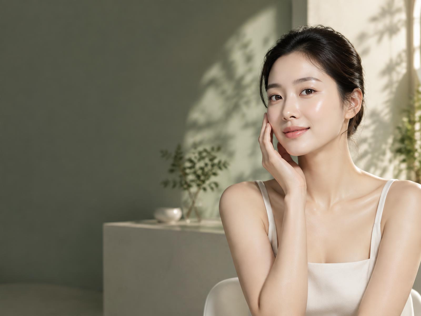 Modelo coreana con piel luminosa y saludable en una clínica de cuidado de la piel